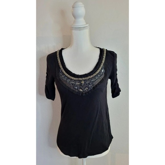 Anthropologie Deletta Hand-Beaded Neckline Black Knit Top Size Small Rocker Glam - Picture 1 of 11